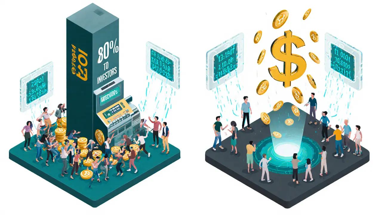 Сравнение хаотичной ICO-продажи и спокойного airdrop-распределения токенов.