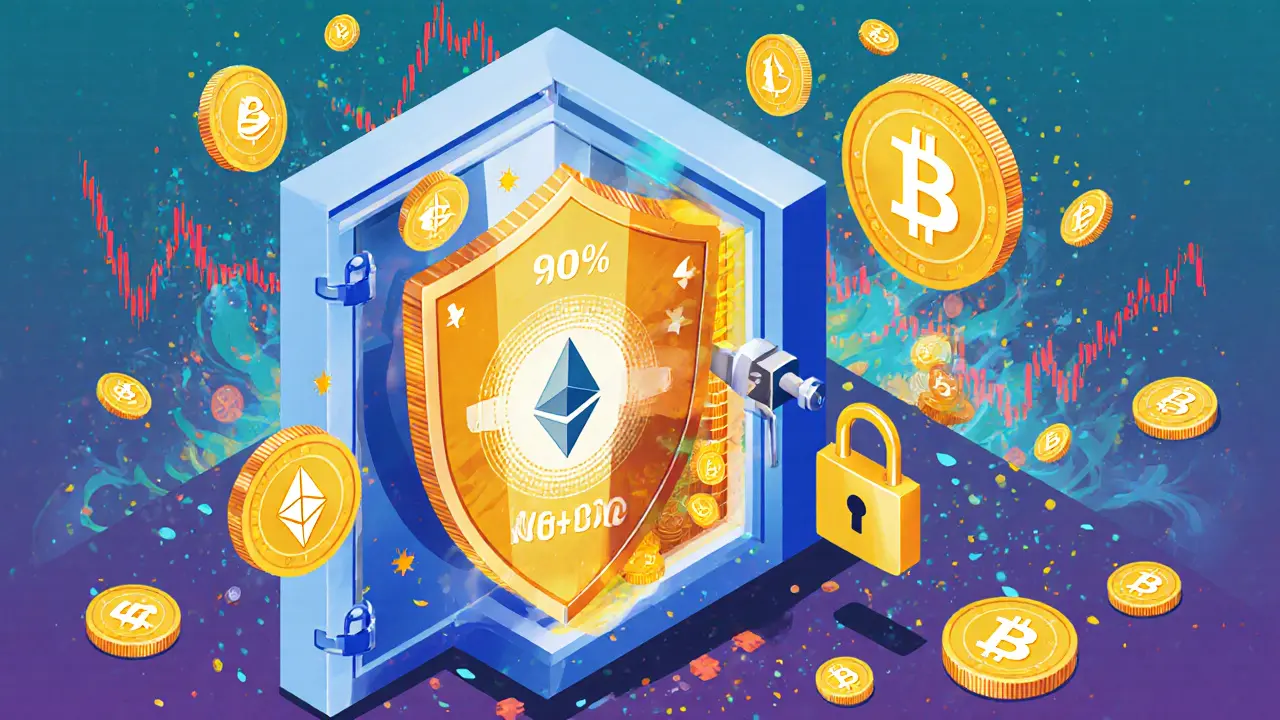 Безопасное хранилище криптовалют с холодными кошельками и шифрованием, окруженное основными монетами.