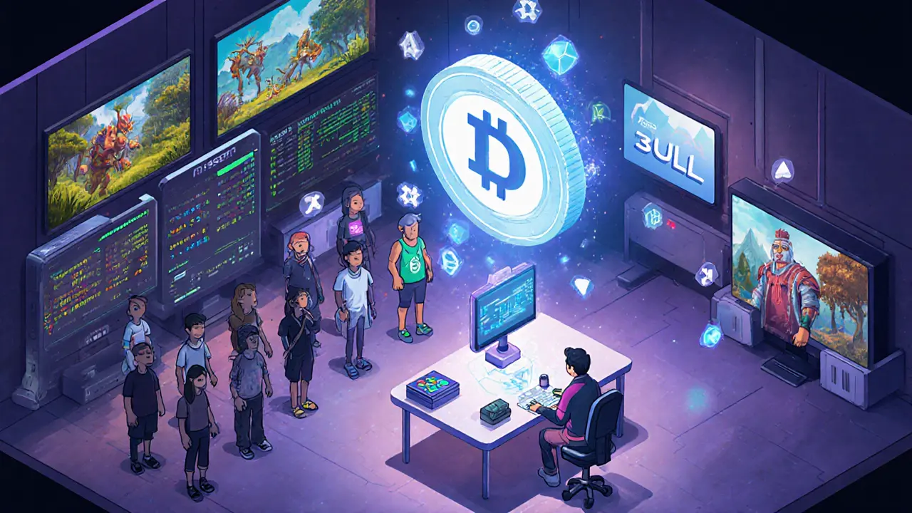 Изометрическая иллюстрация цифрового Discord-зала с тысячами игроков, следящих за распределением токенов 3ULL.