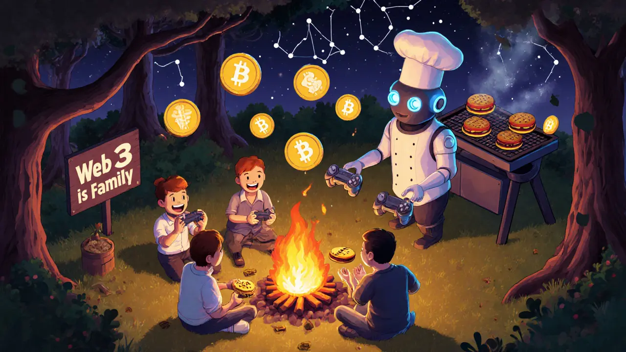 Изометрическая иллюстрация семейного барбекю в киберпанковом лесу, где игроки и разработчики делятся NFT и токенами 3ULL.