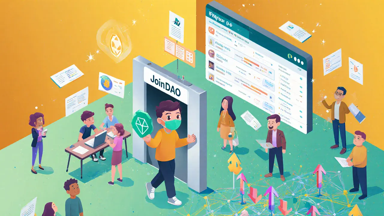 Новичок входит в цифровое сообщество DAO с аватарами и интерфейсом голосования.