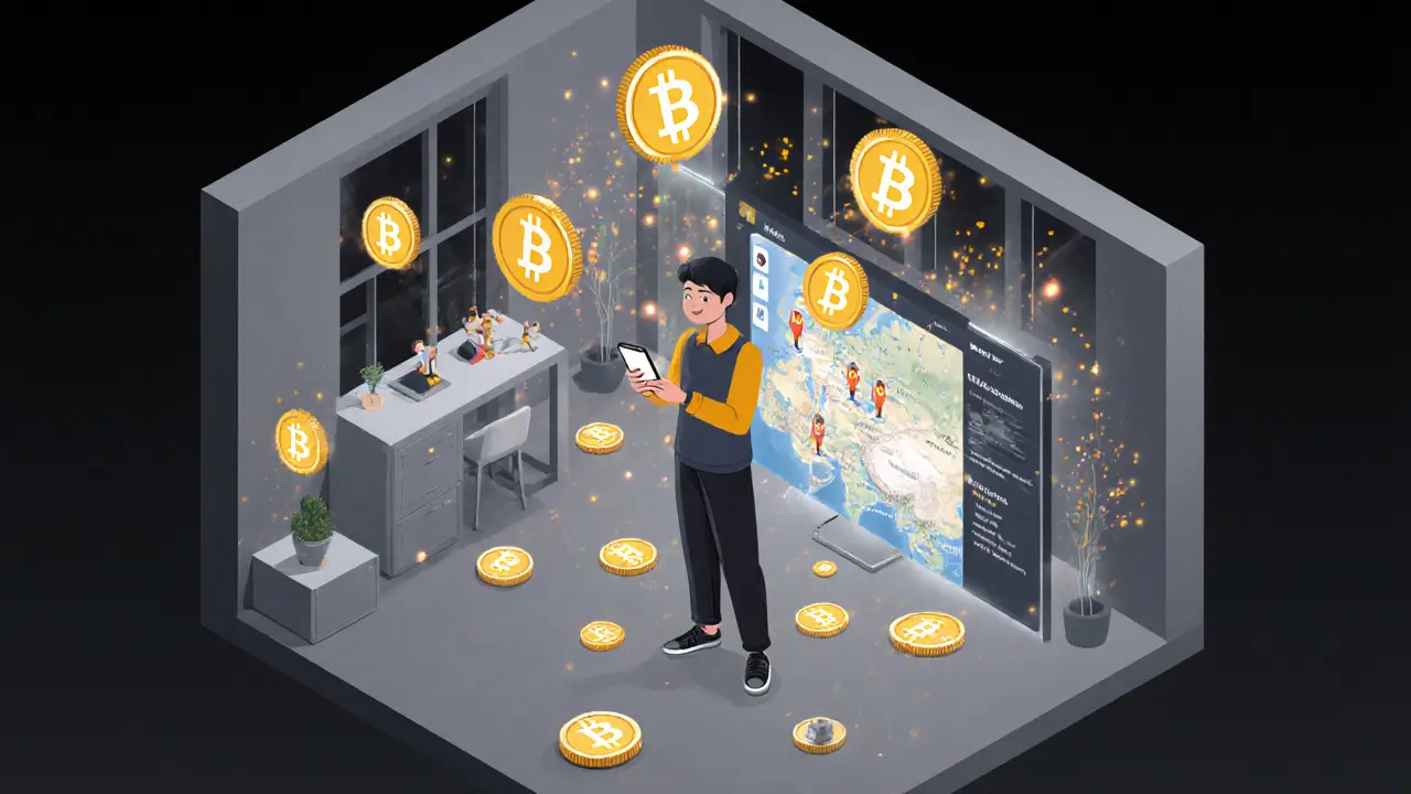 Пользователь окружён светящимися токенами HERO, а на экране виден интерфейс приложения Metahero.