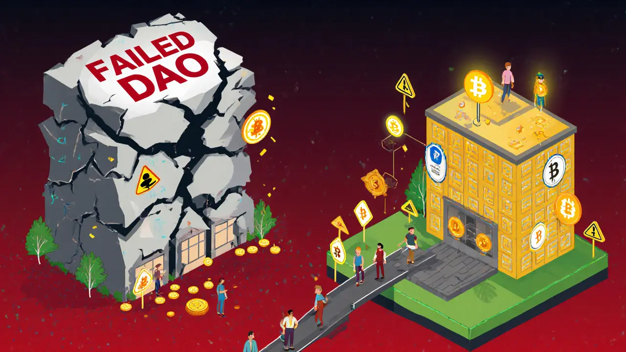 Разрушающийся DAO рядом с успешным, с мостами между блокчейнами и рейтинговыми значками.