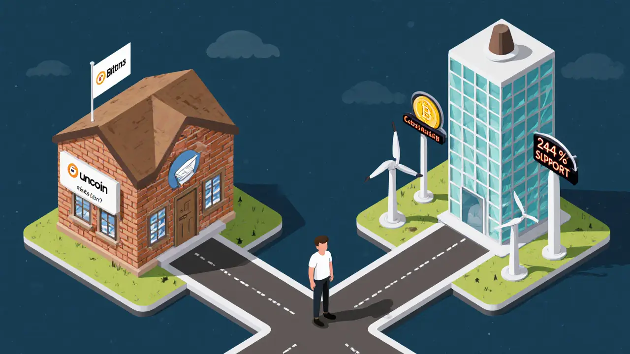 Сравнение Unocoin как надежного дома с другими биржами как современными небоскребами в изометрическом стиле.