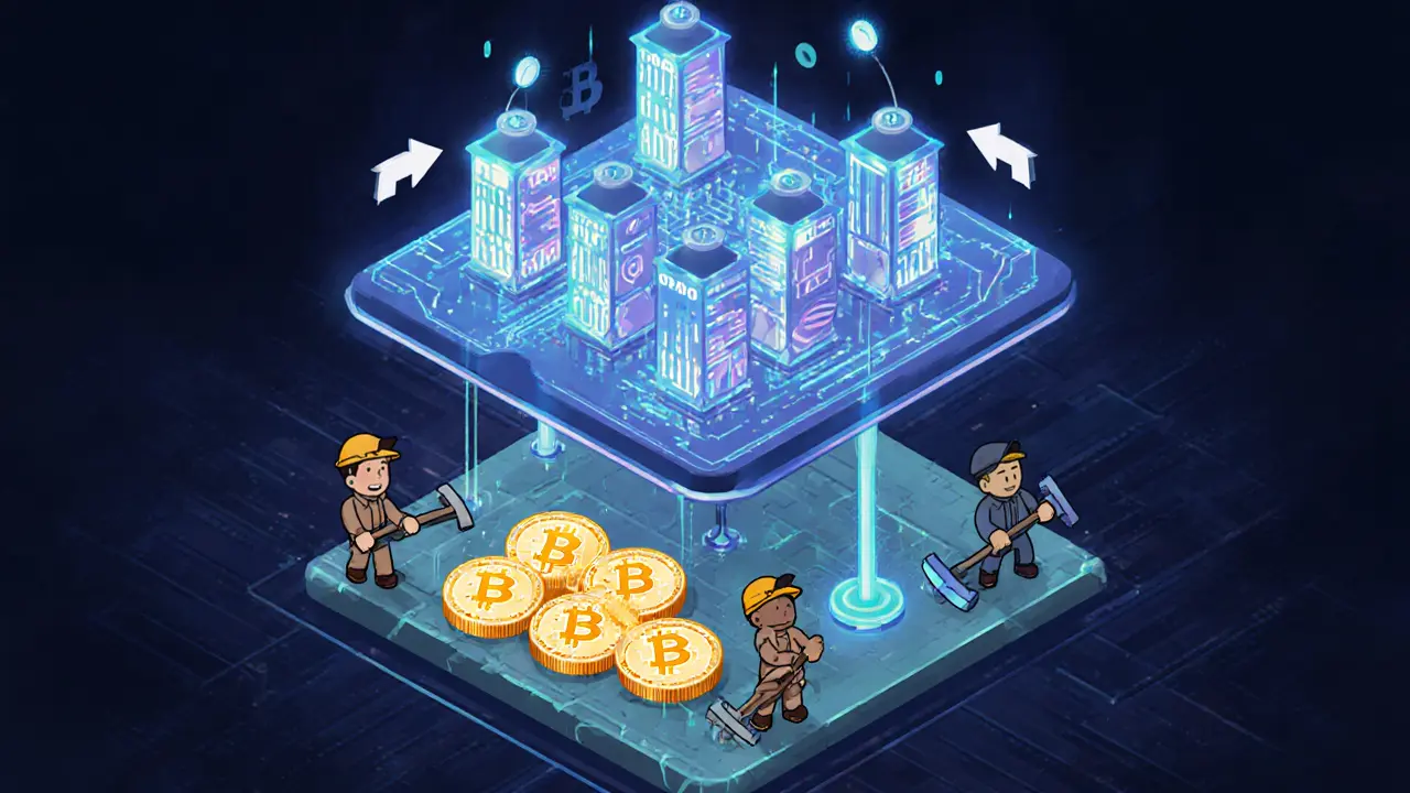 Двухуровневая сеть AXE: майнеры и мастерноды, соединённые потоками данных.