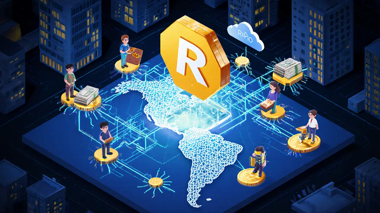 Изометрическая схема блокчейна LaChain, соединяющего города Латинской Америки через цифровые потоки данных.