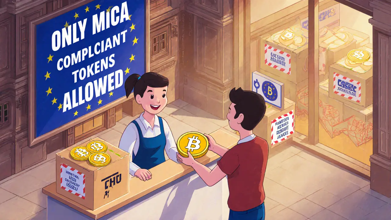 Касса криптовалютной биржи в ЕС: сотрудник выдает одобренный стейблкоин, а нелегальные токены упаковываются.