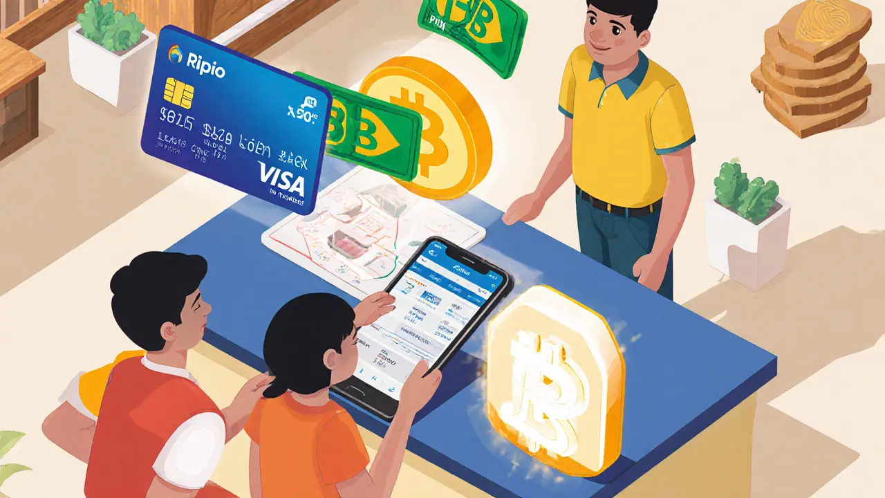 Семья в Бразилии использует карту Ripio Visa и получает кэшбэк в криптовалюте за покупку кофе.