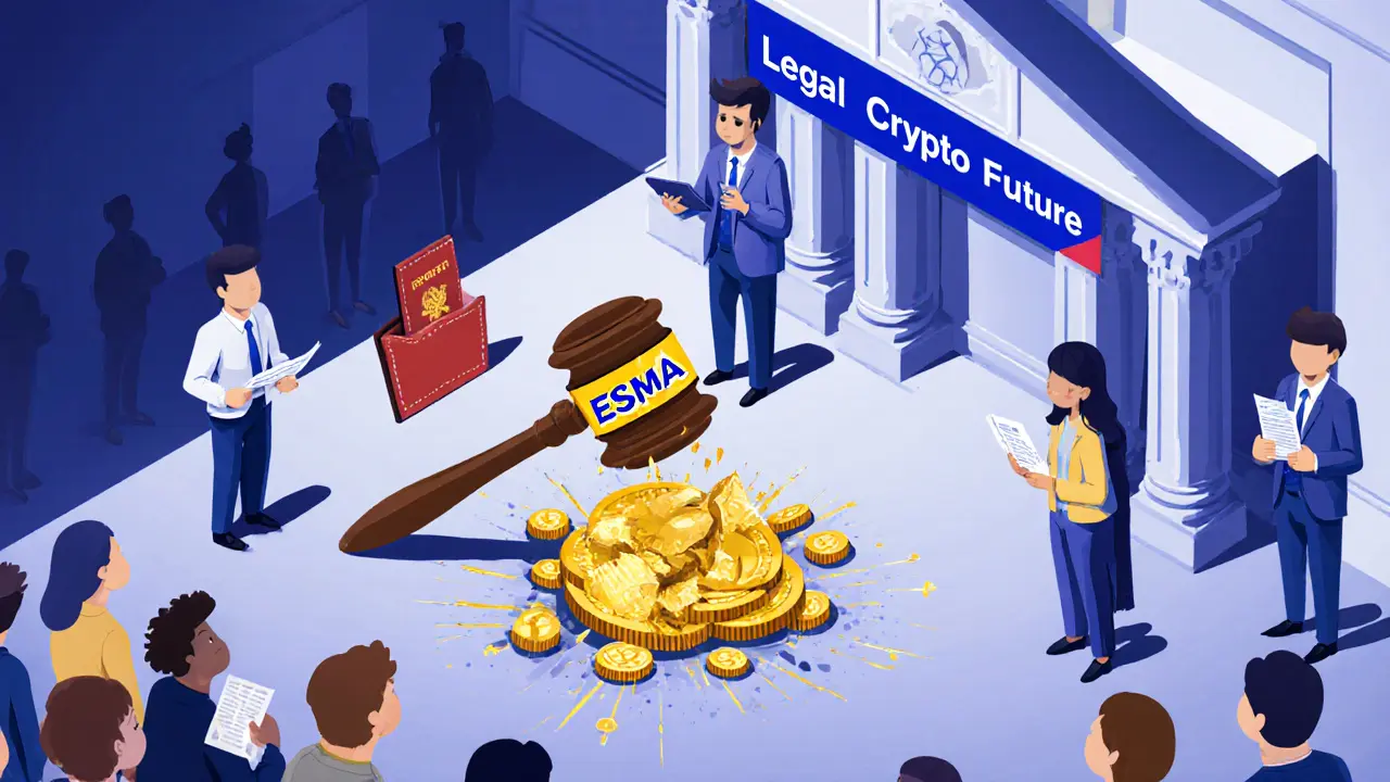 Судебный зал в Брюсселе: регулятор ESMA наказывает нелегальную криптоплатформу, а легальные компании стоят рядом.