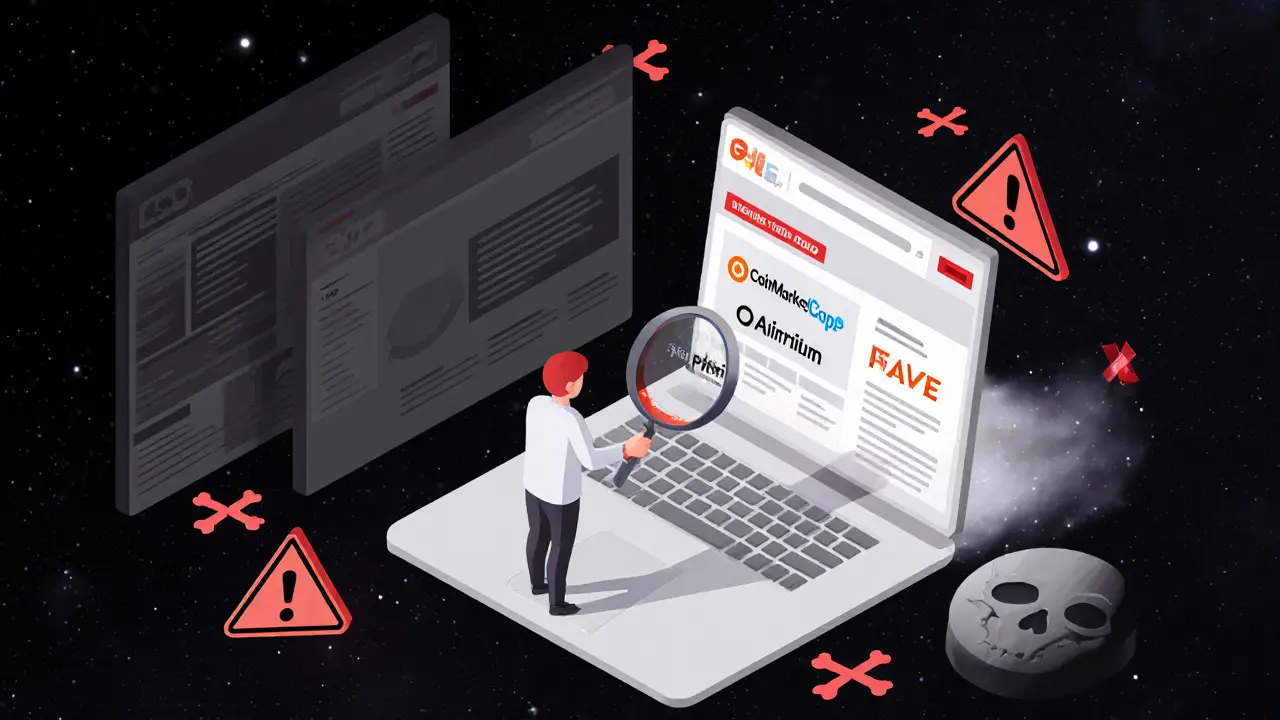 Фальшивый сайт с логотипом CoinMarketCap, обманывающий пользователя, в изометрическом стиле с предупреждающими символами.