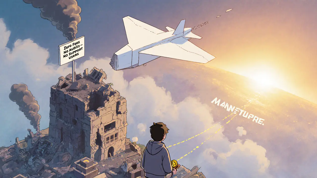 Хрупкий бумажный самолет с надписью &#039;FusionX v3&#039; летит над руинами умерших криптопроектов.