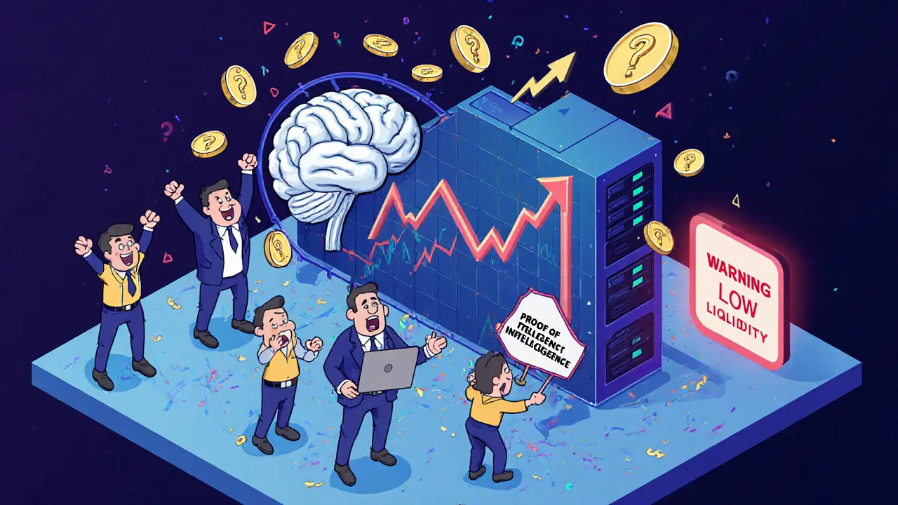 Карикатурная сцена торговли BASEDAI с взлетающими и падающими ценами и паникующими трейдерами.