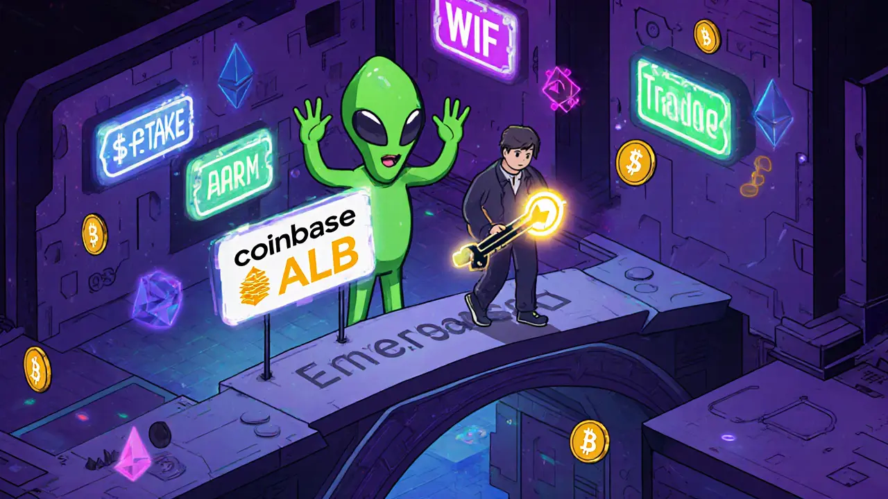 Пользователь переходит по мосту Coinbase на сеть Base, за ним — алиен-маскот и летающие мемкоины.