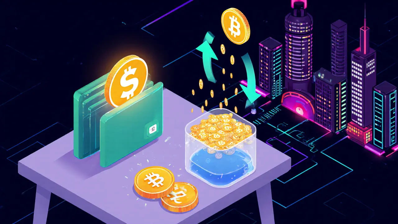 Пользователь подключает кошелек к SushiSwap, токены обмениваются по светящимся путям в стиле изометрической иллюстрации.