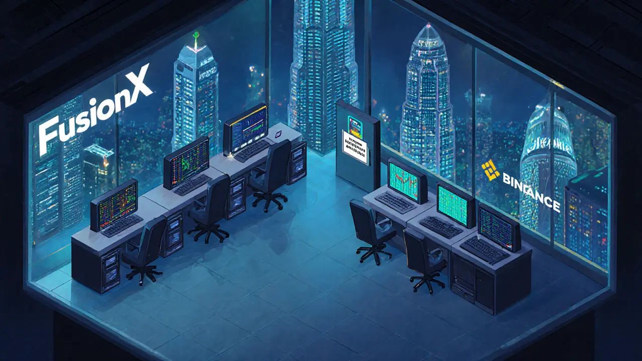 Пустой торговый зал FusionX v3 с мерцающими экранами, в тени гигантских конкурирующих бирж.