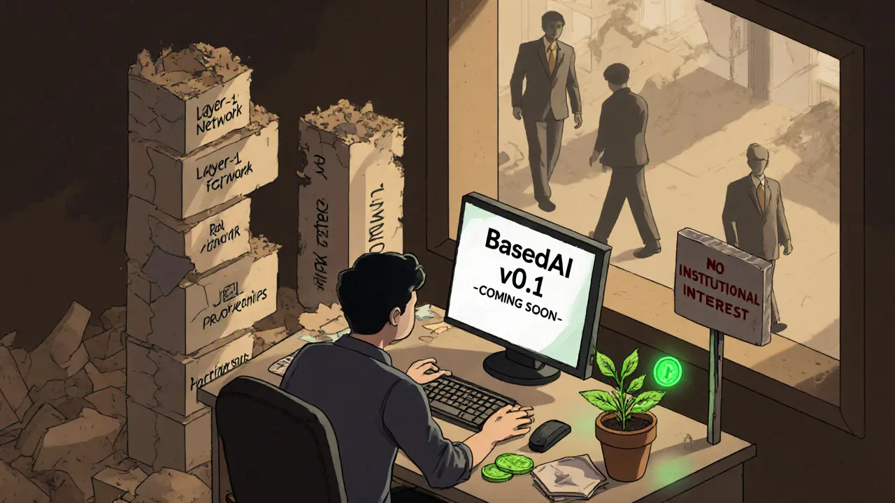Разработчик смотрит на незавершенный проект BasedAI, вокруг — руины обещанных функций и одинокий росток.