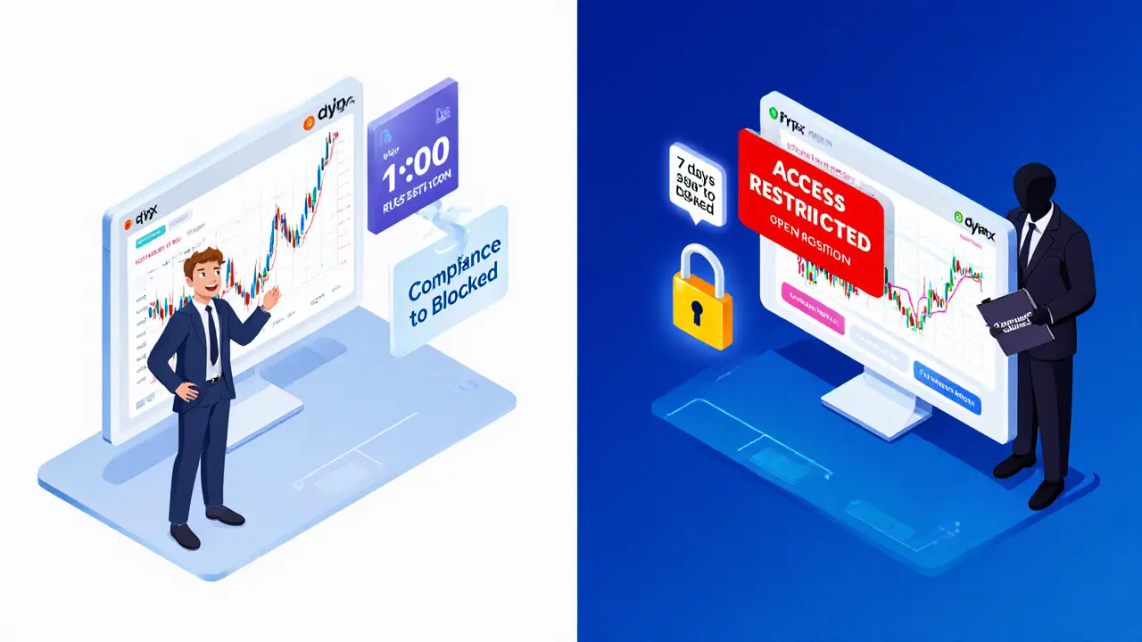 Сравнение двух интерфейсов dYdX: один свободный, другой заблокирован с красным предупреждением и таймером до полного блокирования.