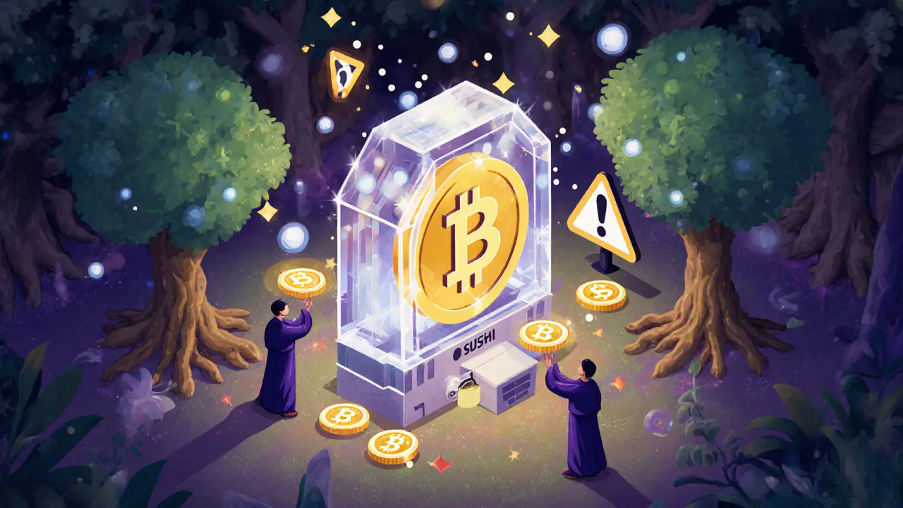 SUSHI-токен блокируется в смарт-контракте, пользователи получают награды в виде светящихся частиц в стиле мультфильма.