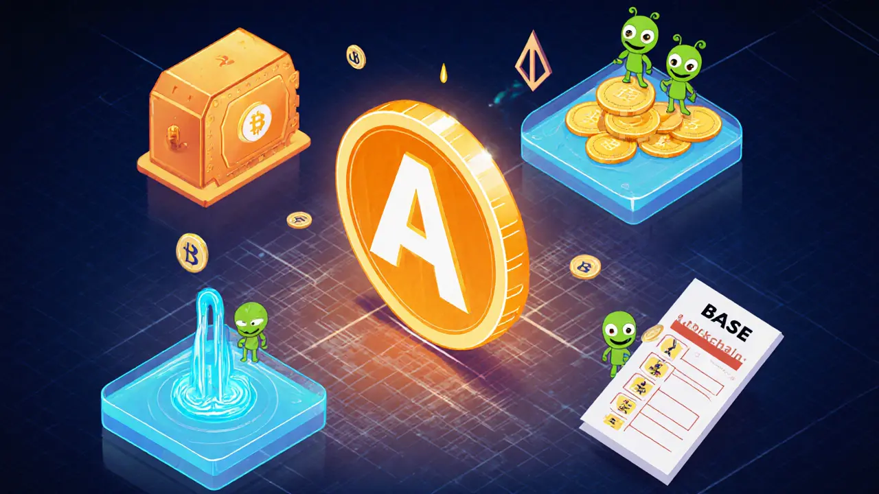 Токен ALB в центре с иконками стейкинга, ликвидности и голосования на фоне блокчейн-сети Base.