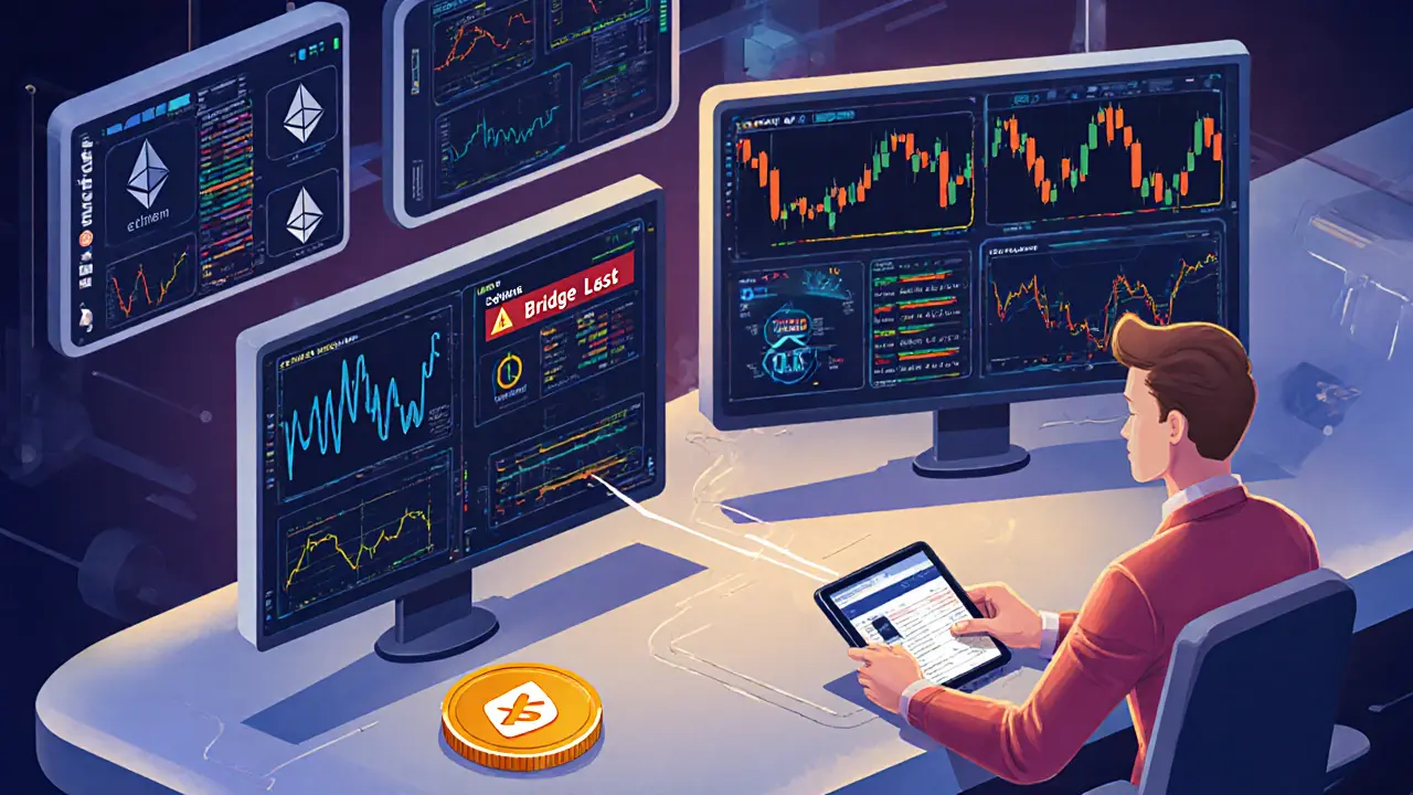 Аналитический центр с мониторами кросс-чейн транзакций и трейдером, проверяющим кошелек.