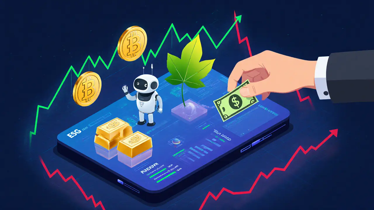 Футуристический цифровой портфель 2025 года с ESG-токенами, золотом и ИИ-ботом, настраивающим активы.