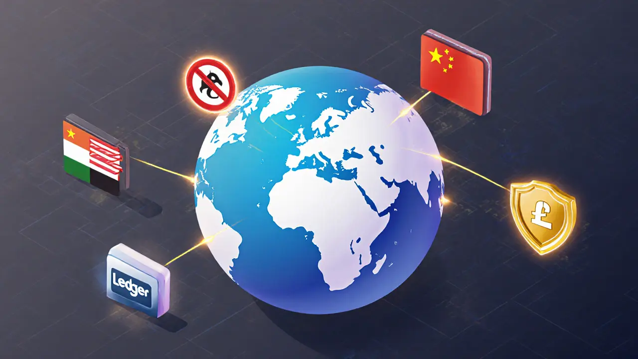 Глобальная карта рисков блокчейна с регуляторными знаками и защищенными кошельками в изометрическом стиле.