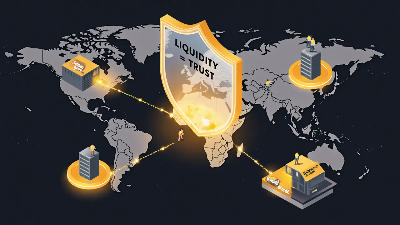 Глобальная сеть криптовалютных бирж: надёжные узлы светятся, слабые — гаснут.