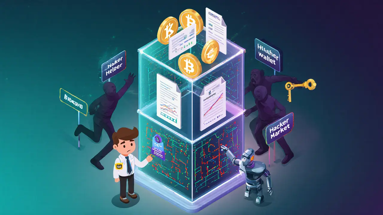 Изометрическая иллюстрация башни комплаенса с тремя уровнями: KYC, мониторинг транзакций и налоговые отчеты, с роботом-помощником.