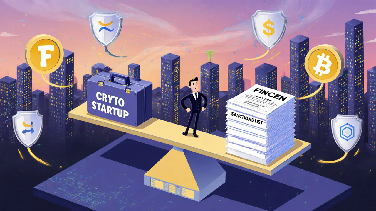 Изометрическая иллюстрация цифровых весов, балансирующих стартап и регуляторные документы, с инструментами комплаенса как защитниками.