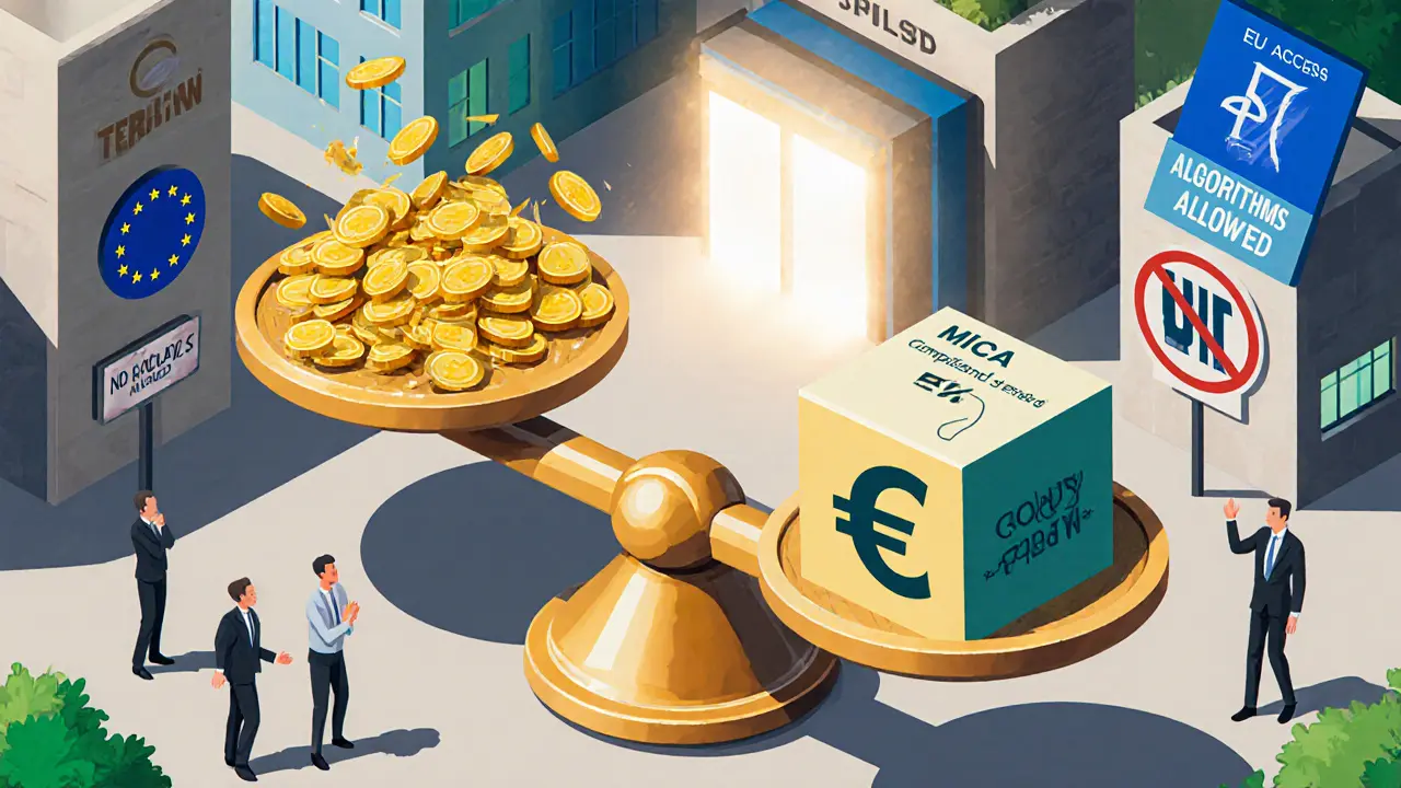 Изометрическая иллюстрация: весы, где рухнувшая TerraUSD противопоставлена стабильной монете с резервами.