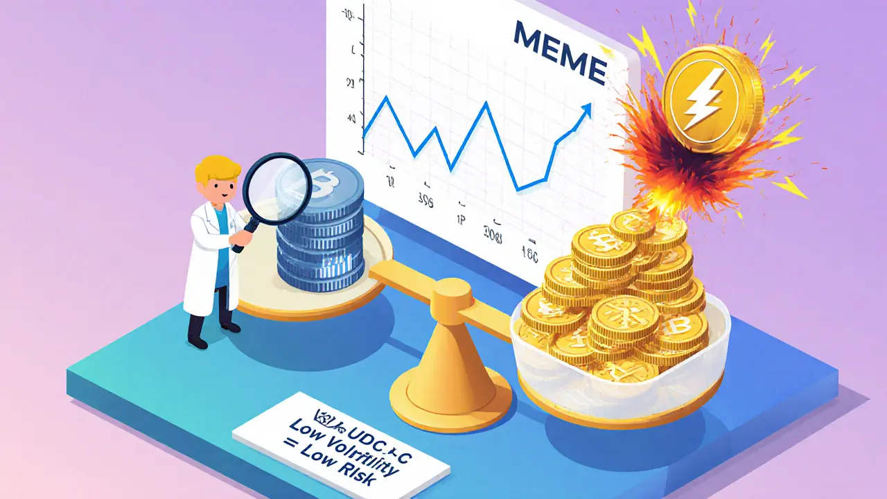 Изометрическая иллюстрация: весы с стейблкоинами и вознаграждениями, рядом разрушается волатильный токен.