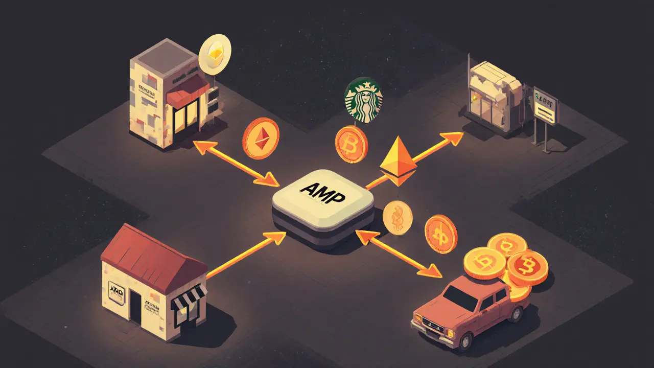 Изометрическая схема блокчейнов, соединённых токенами AMP, с магазинами и точками продаж на заднем плане.