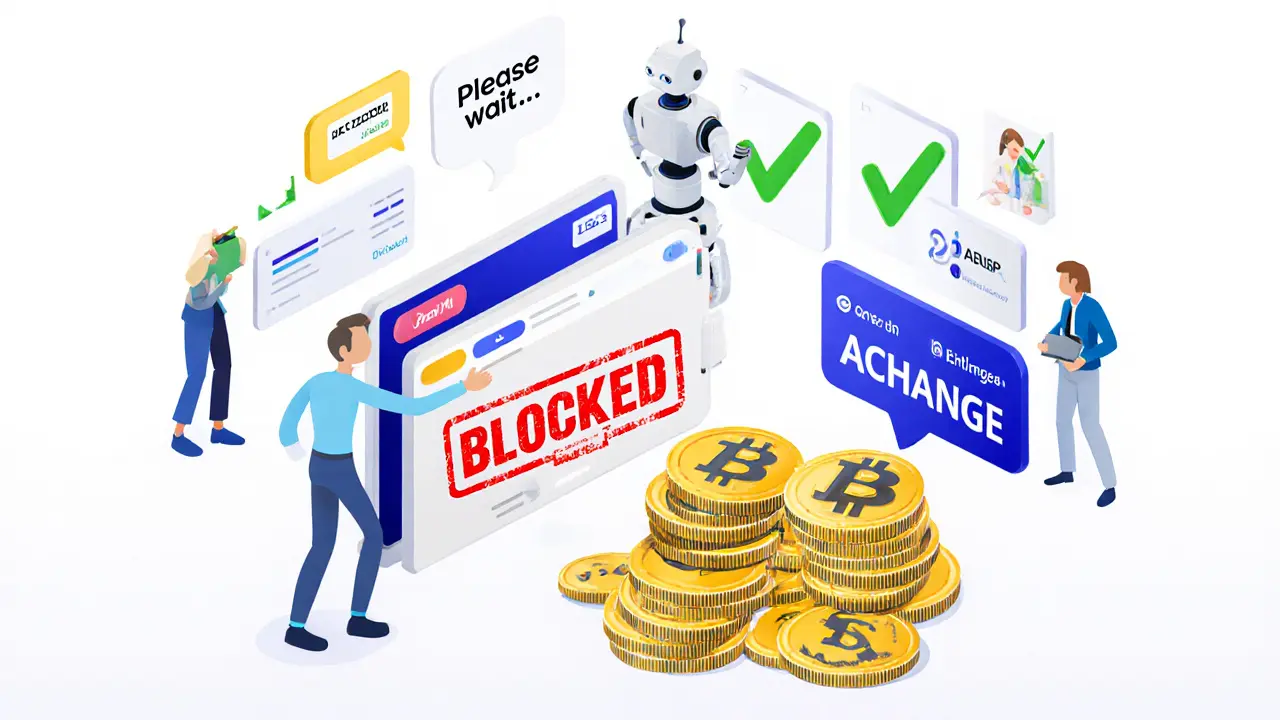 Пользователь пытается вывести средства с CoinChief, но сталкивается с блокировкой, высокими комиссиями и ботом, в то время как другие биржи показывают легкие выводы.