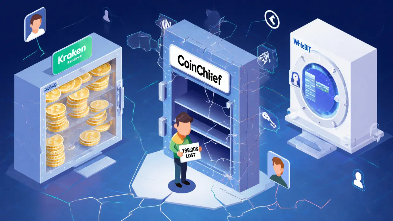 Пустой цифровой сейф CoinChief рядом с полными, прозрачными сейфами надежных бирж, пользователь держит табличку с потерянными деньгами.