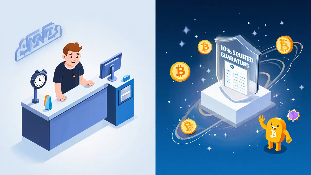 Сравнение: слева — задержка биткоин-платежа, справа — мгновенная оплата через AMP с защитной гарантией.