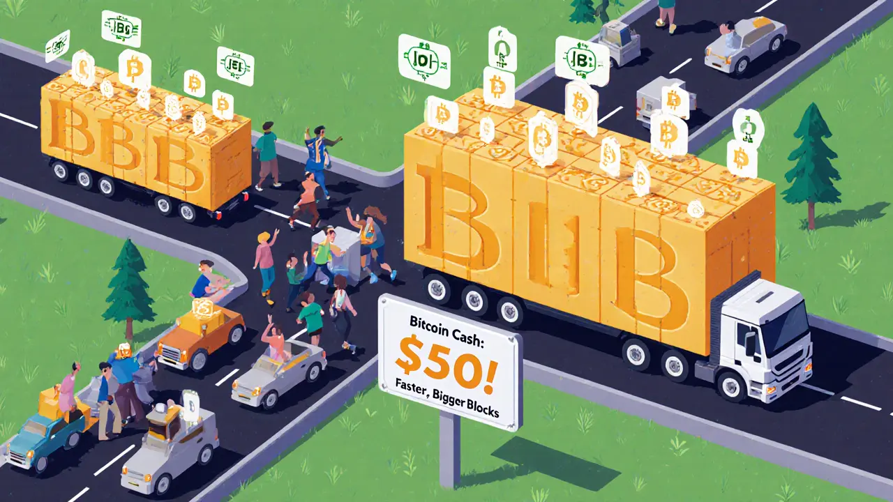 Большие блоки на цифровой трассе, обгоняющие маленькие, с растущими комиссиями и пробками.