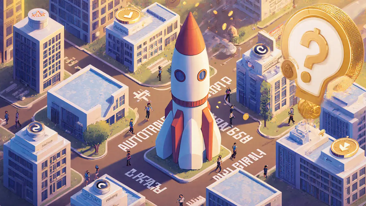 Футуристический город DeFi с башней Aperture Finance, из которой летят токены APTR, пользователи движутся по путям автоматических стратегий.