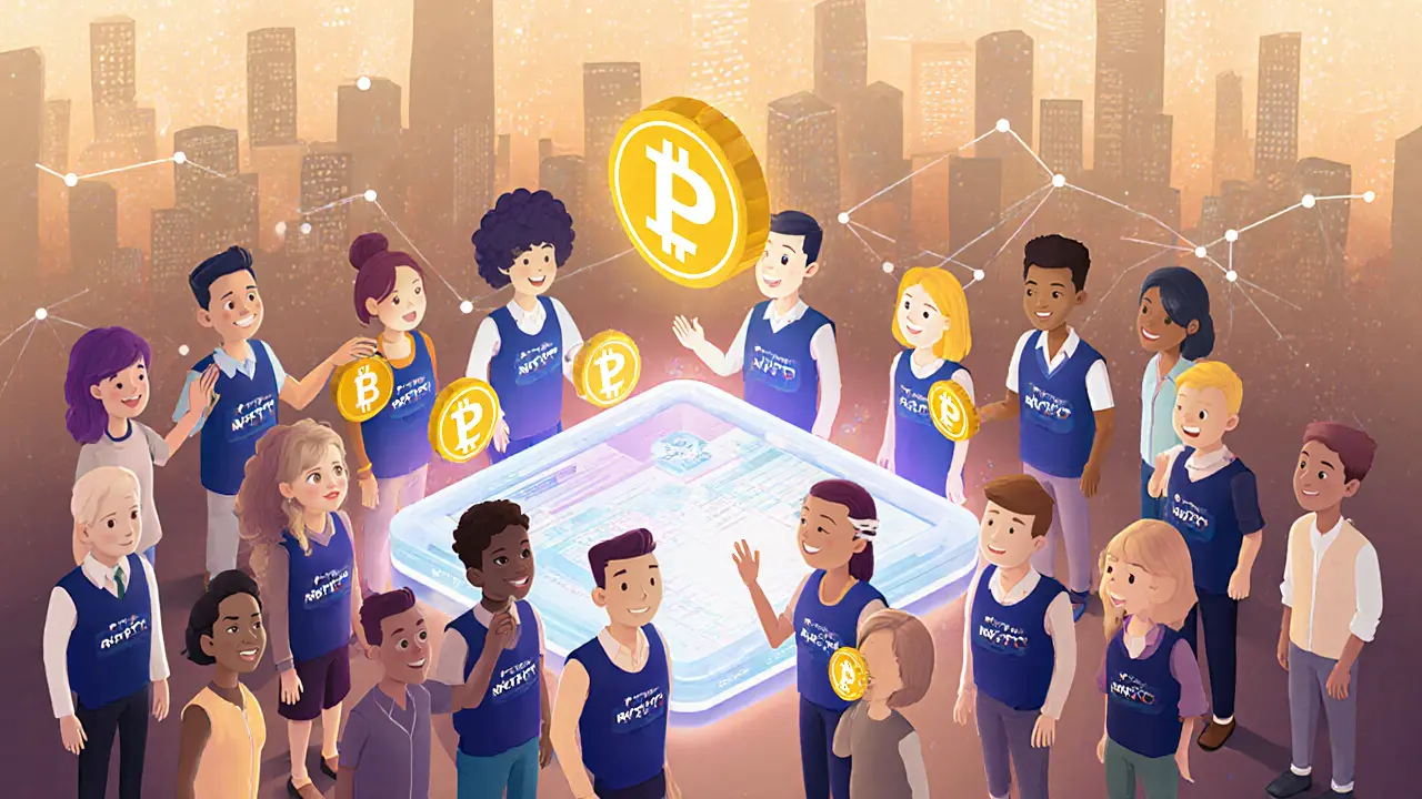 Глобальная группа послов Polytrade с NFT-значками, взаимодействующих с голографическим интерфейсом торговой платформы.