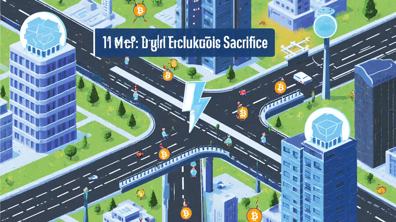 Город блокчейна с параллельными путями и Layer-2 магистралями, обеспечивающими скорость и безопасность.