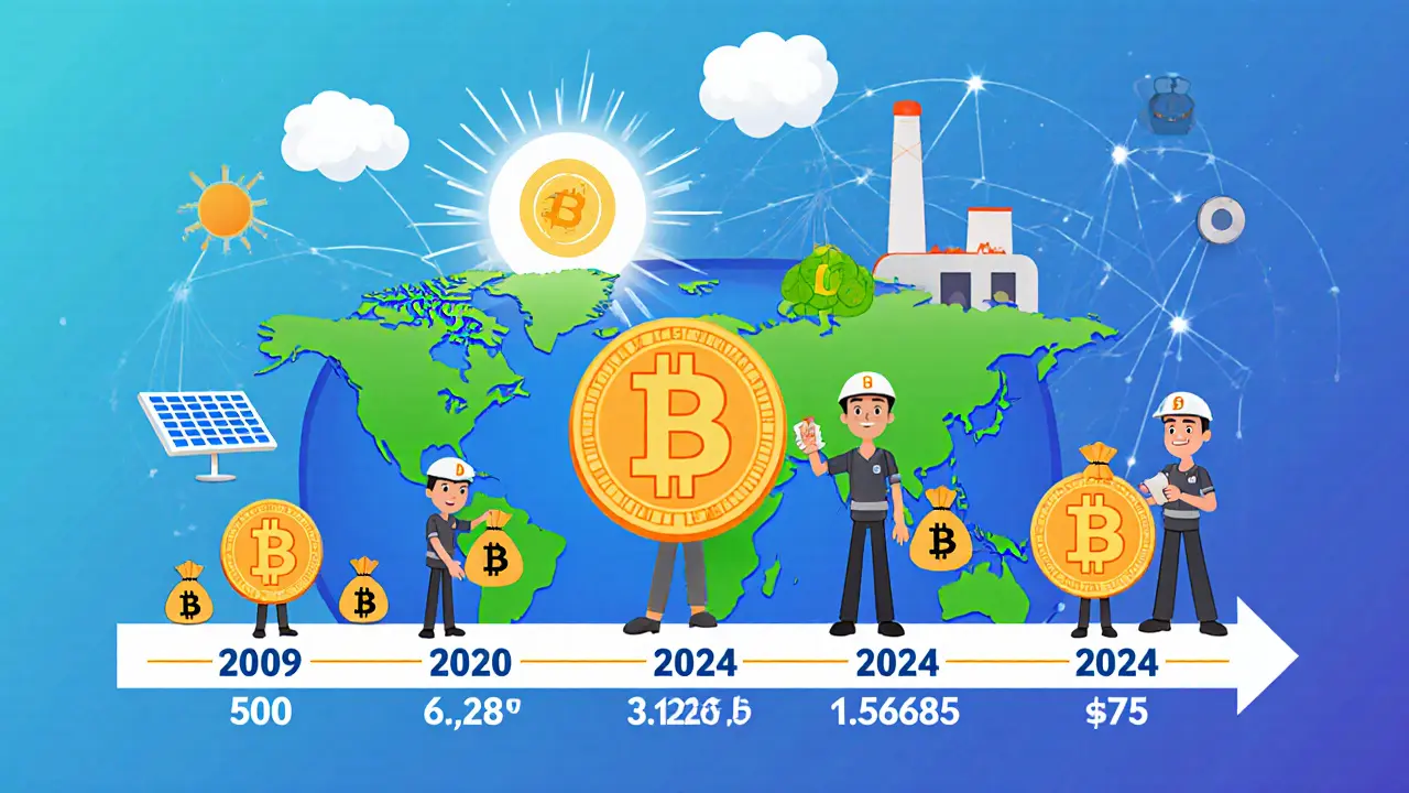 Хронология халвингов Bitcoin с ростом сборов и переходом на возобновляемую энергию.