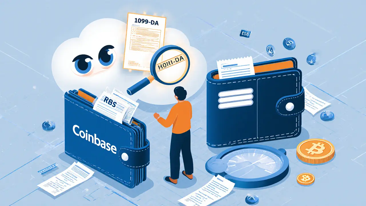 Изометрическая иллюстрация человека между кошельками, с документом 1099-DA и пропущенной датой покупки, с глазами IRS на фоне.