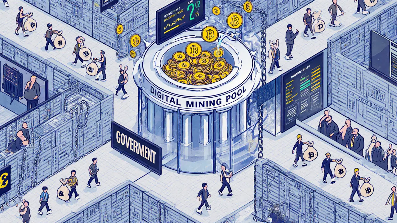 Изометрическая иллюстрация: здание государственного майнингового пула, где монеты забирают чиновники.