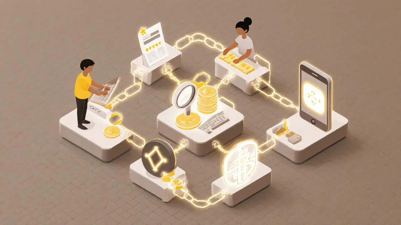 Изометрическая сцена четырех участников экосистемы WOM: создатель, аутентификатор, бренд и платформа, связанные блокчейн-линиями.