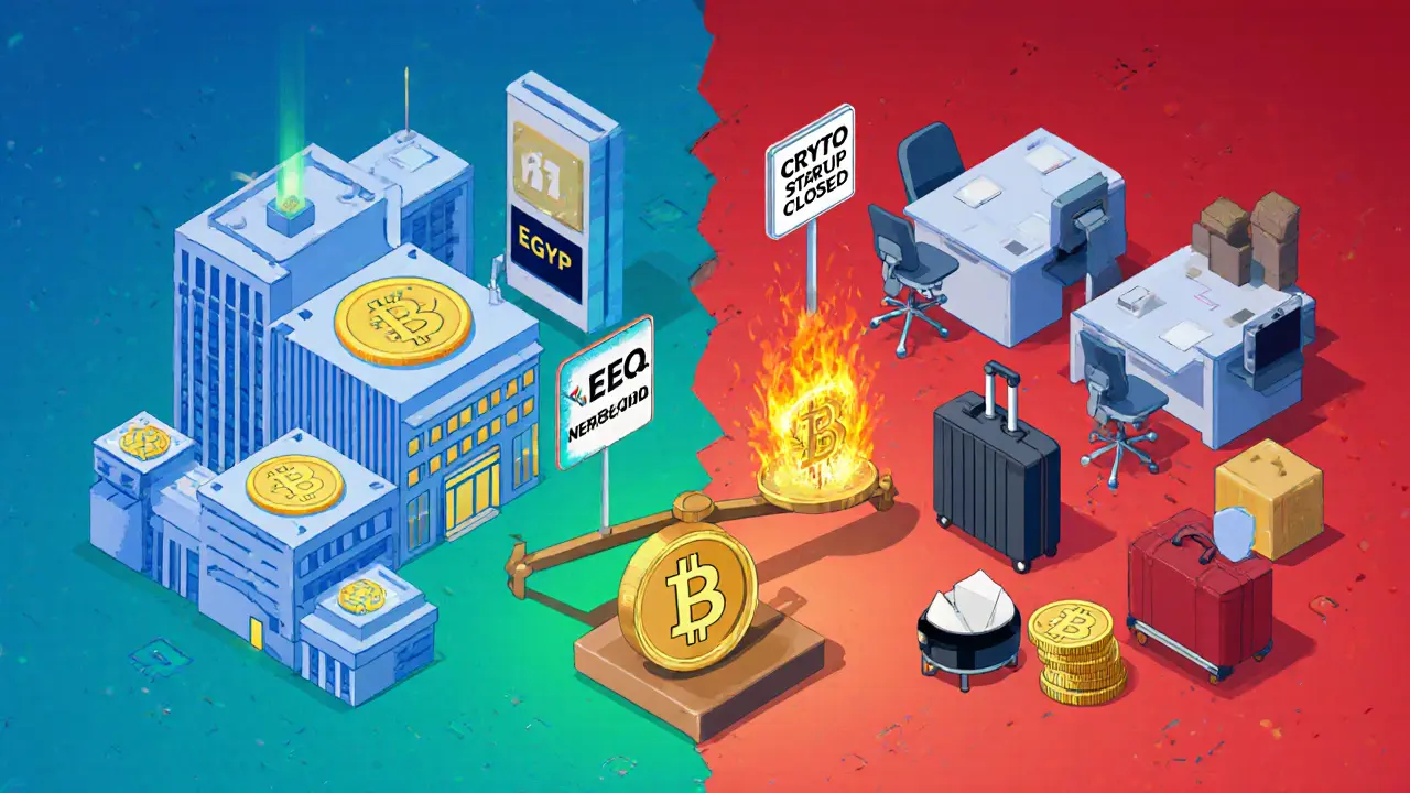 Контраст: блокчейн в госуслугах слева, уход криптостартапов в Дубай справа — баланс между египетским фунтом и биткоином нарушён.