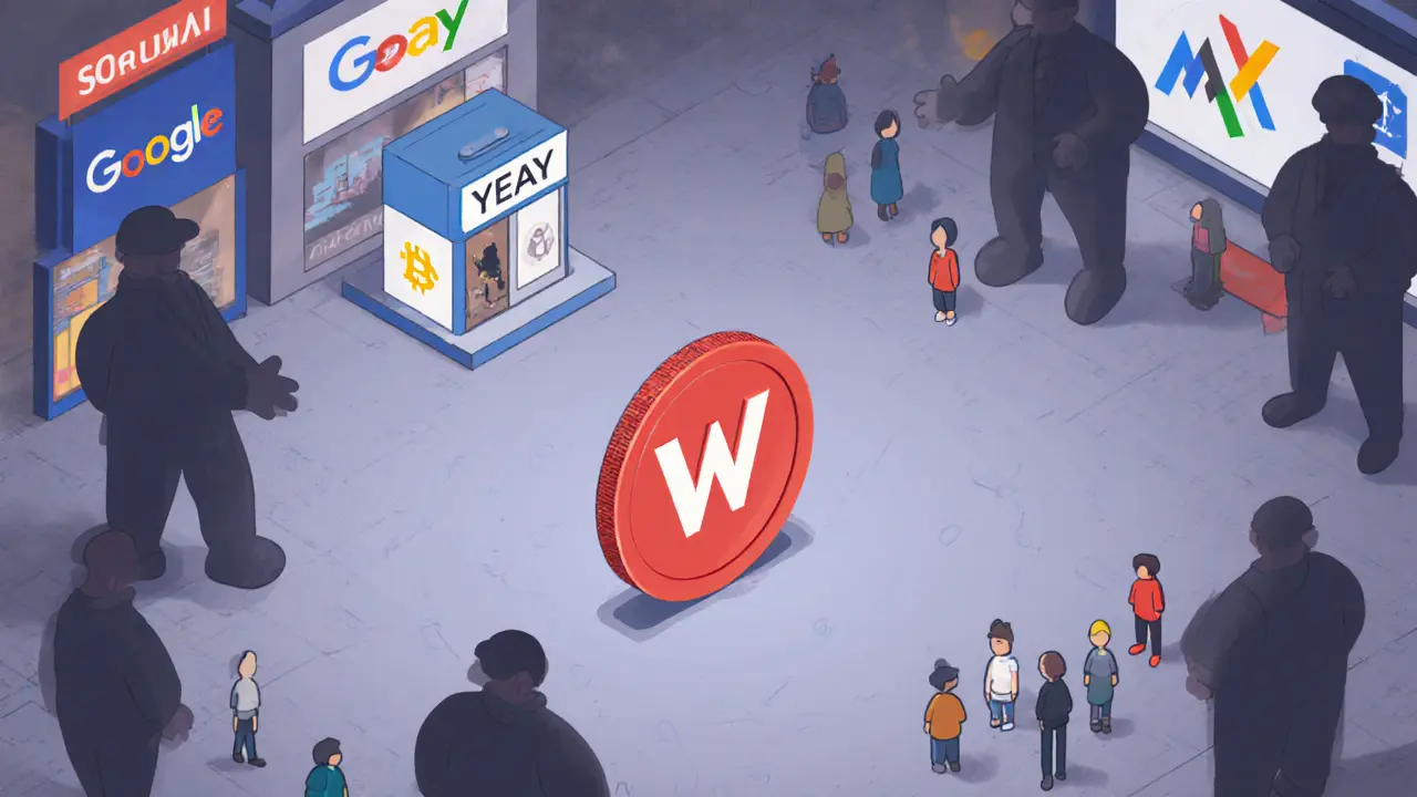 Одинокий токен WOM на пустом цифровом рынке среди гигантов рекламы, вокруг — лишь несколько пользователей.