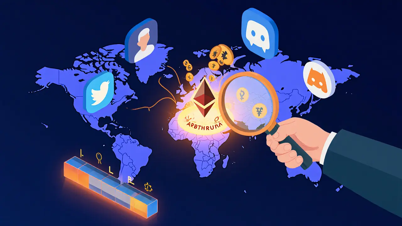 Пользователь исследует карту сетей Ethereum, выделяя Arbitrum, вокруг — значки соцсетей и прогресс-бар с токенами APTR за рефералов.