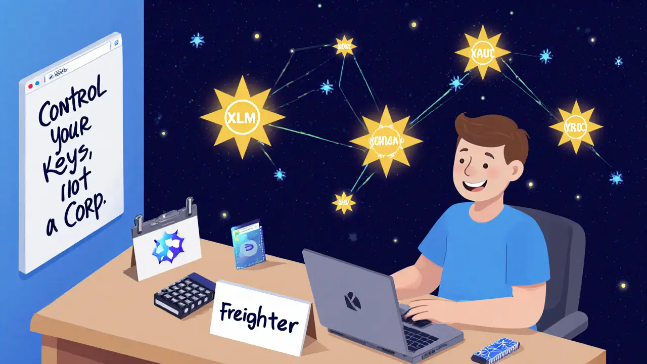 Пользователь торгует на StellarTerm в уютной обстановке, вокруг — сеть Stellar как звёздная карта.