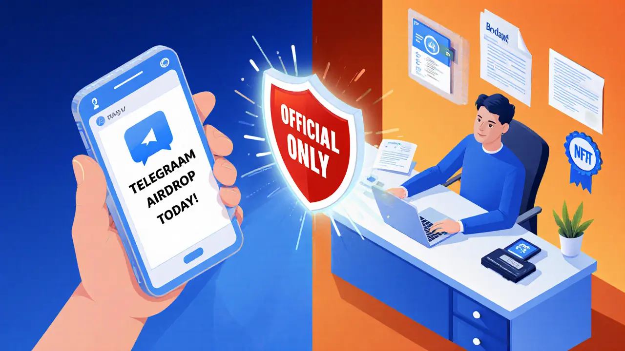 Сцена мошенничества: человек получает фальшивое сообщение об аирдропе, в то время как реальный пользователь подтверждает аккаунт с официальными документами.