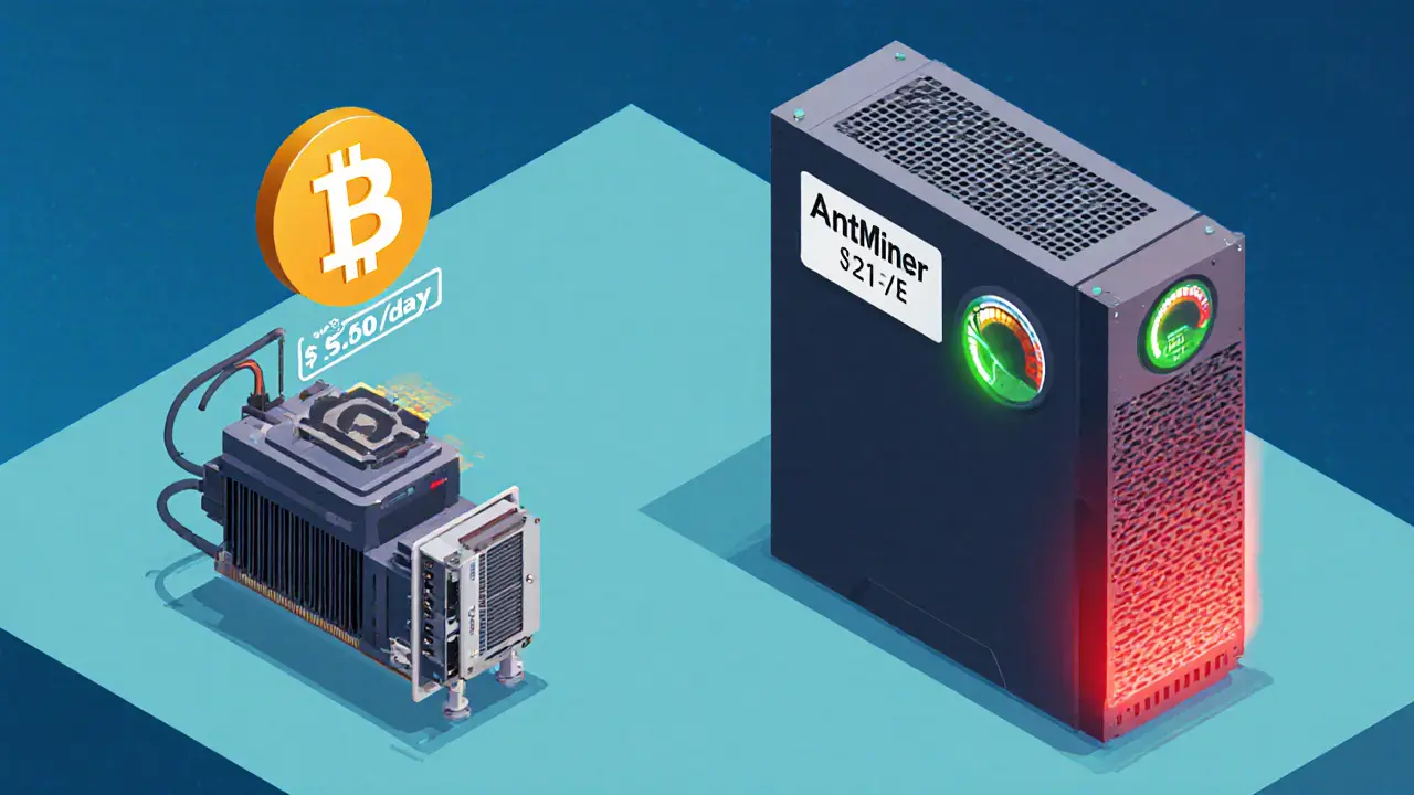 Сравнение убыточного майнинга на GPU и прибыльного на ASIC с указанием дохода и затрат на электричество.