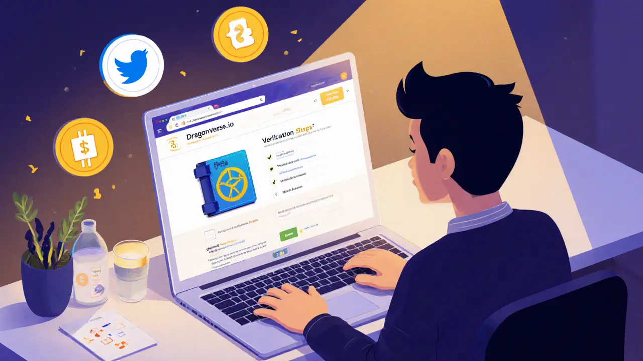 Игрок настраивает кошелек MetaMask на официальном сайте Dragon Verse, рядом — шаги для участия в аирдропе.